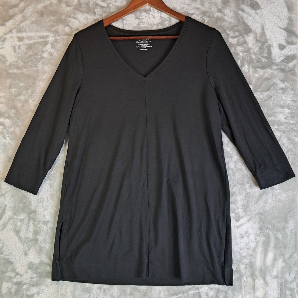 Chicos The Ultimate Tee Top 1 M Black V-Neck 3/4 Sleeve Tunic Side Slits 5703210